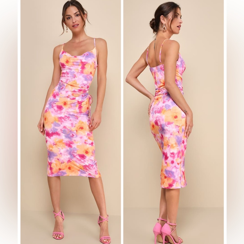 Lulus Vibrant Babe Pink Multi Floral Cutout Drawstring Midi Dress Size Small NWT